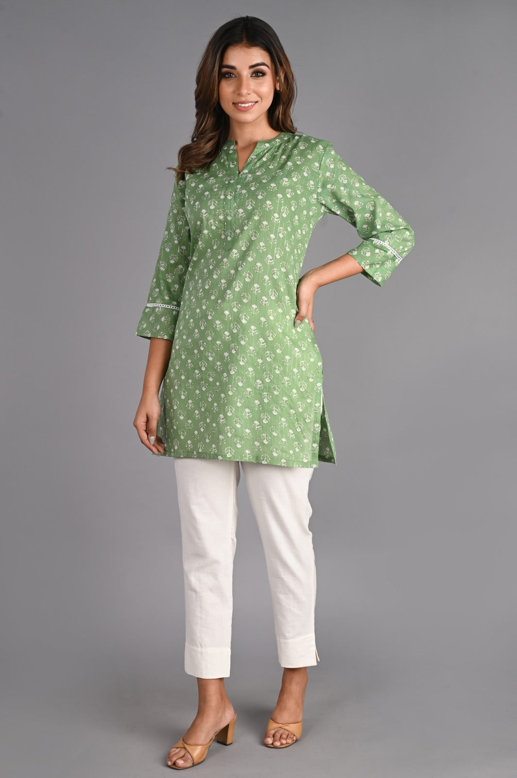 Printed Green Cotton Short Kurti