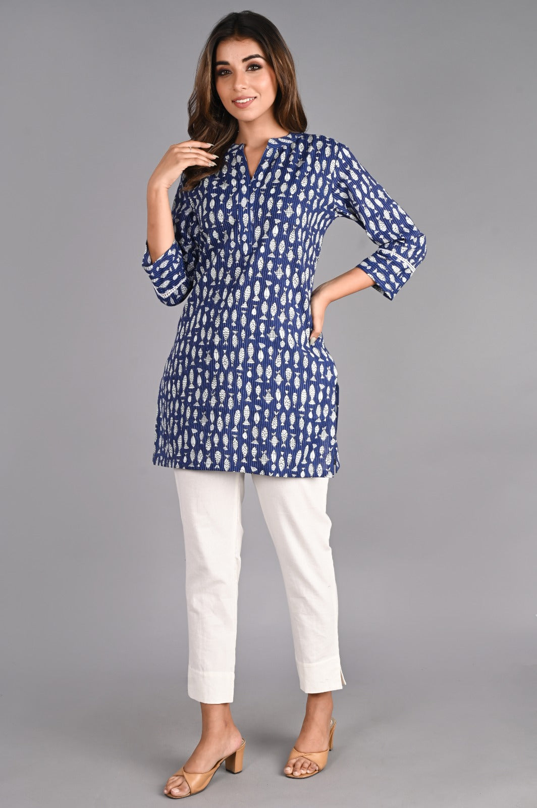 Printed Navy Blue Cotton Short Kurti
