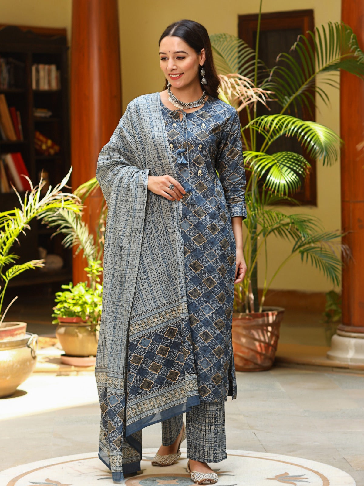 Blue Cotton Pita Zari Kurta Set