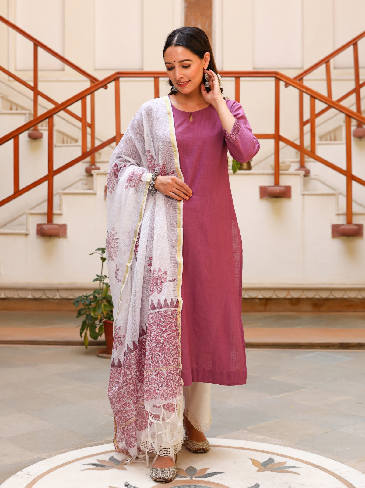 Solid Purple Kurta Set with Block Printed Dupatta