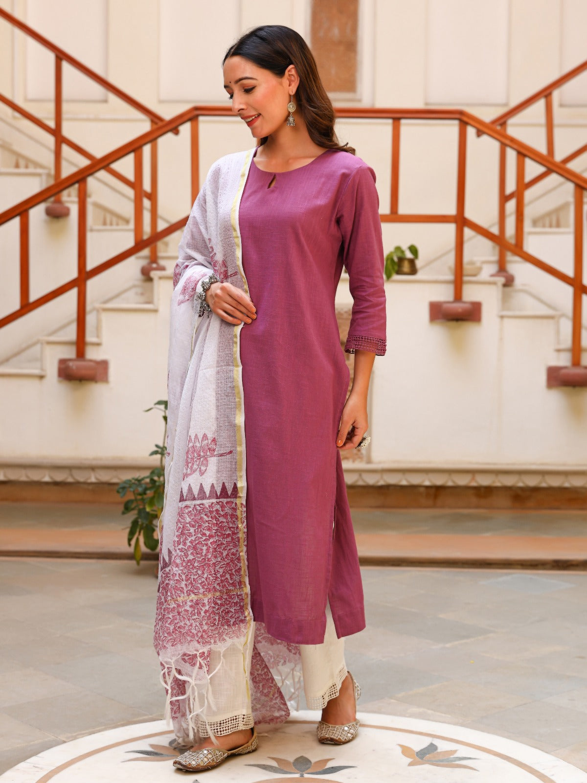 Solid Purple Kurta Set with Block Printed Dupatta