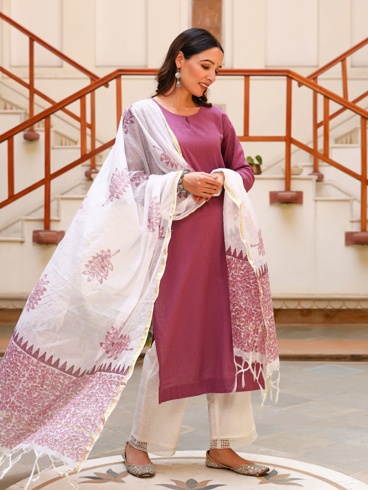 Solid Purple Kurta Set with Block Printed Dupatta