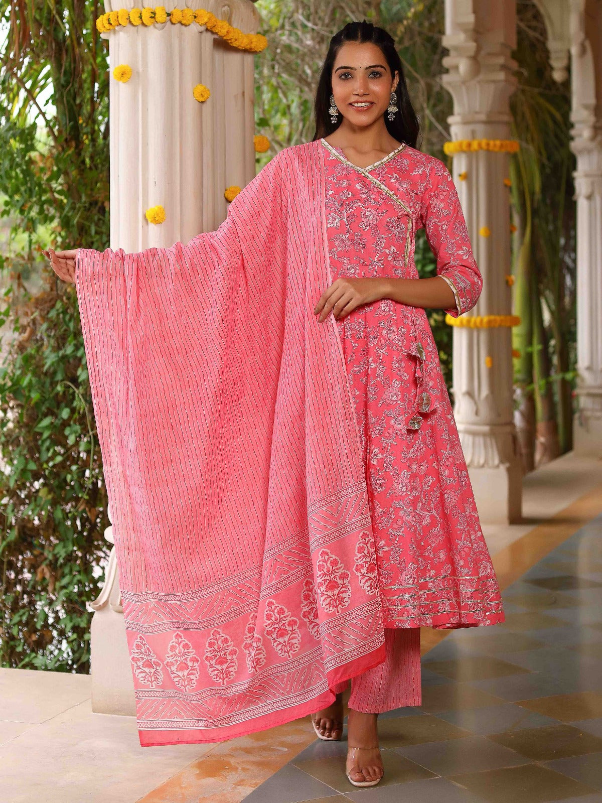 Pink Flared Gota Patti Kurta Set