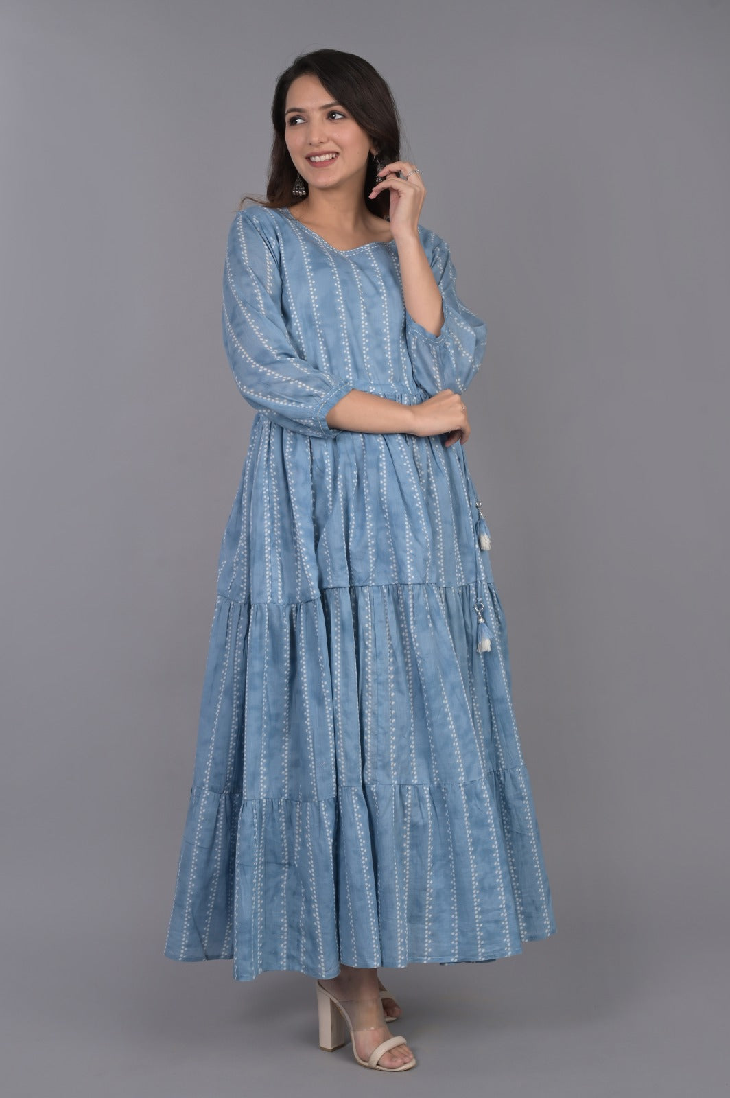 Cotton 3-Tier Blue Flared Dress