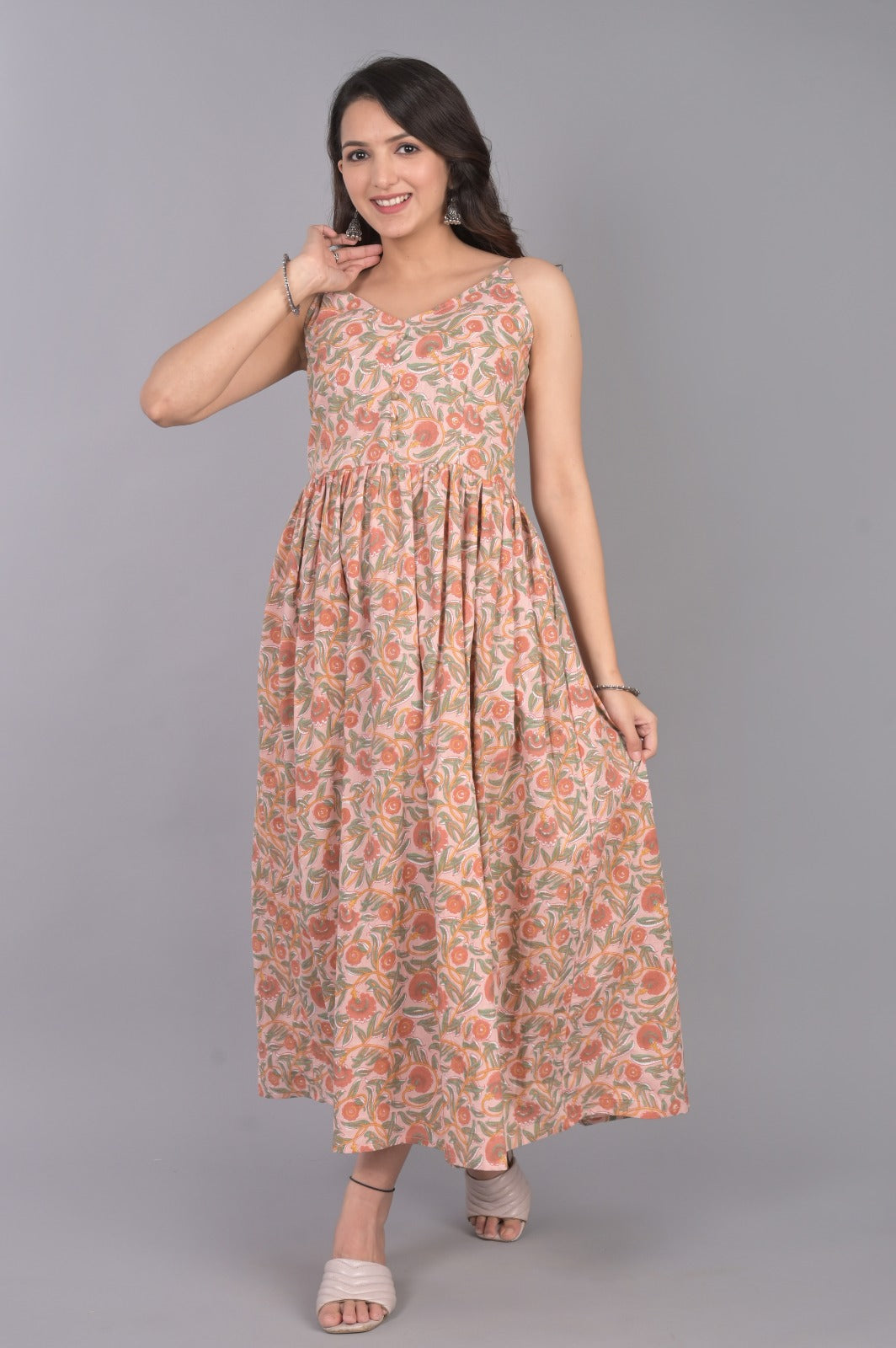Cotton Printed V-Neck Peach Dress