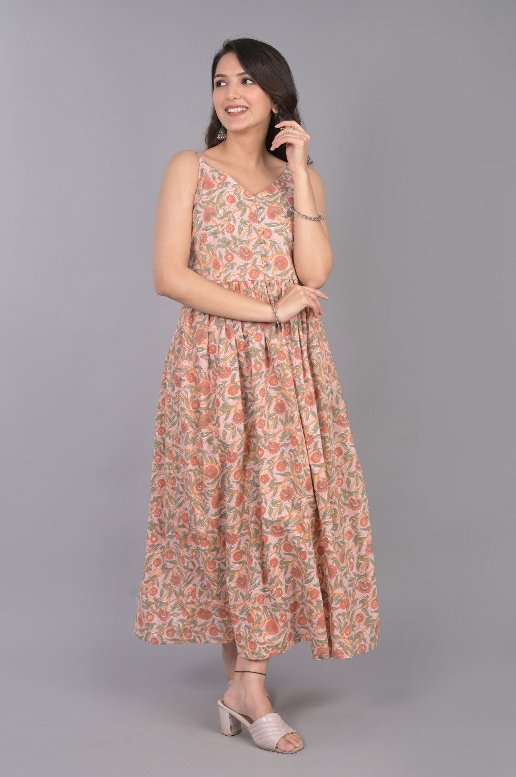 Cotton Printed V-Neck Peach Dress