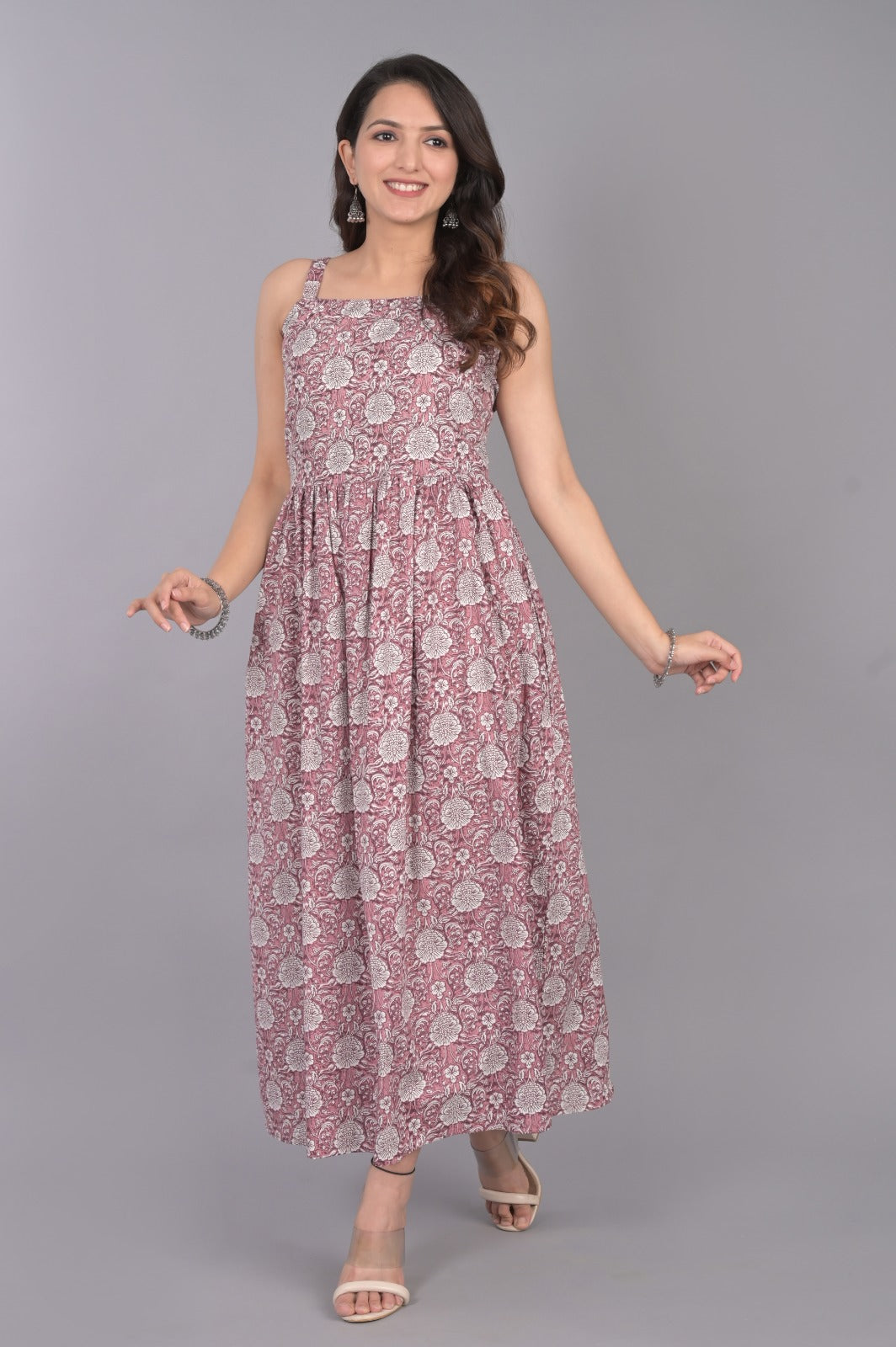 Purple Cotton Printed Dress With Floral Motifs