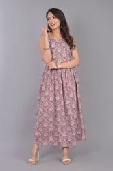 Purple Cotton Printed Dress With Floral Motifs