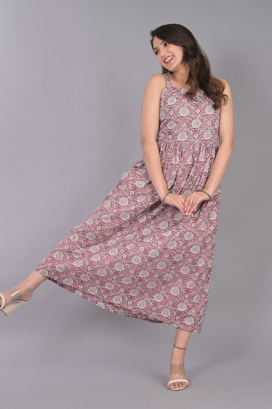 Purple Cotton Printed Dress With Floral Motifs