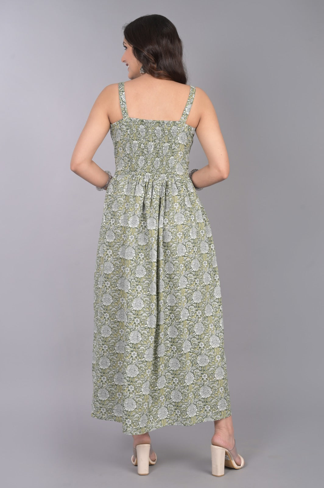 Green Cotton Printed Dress With Floral Motifs