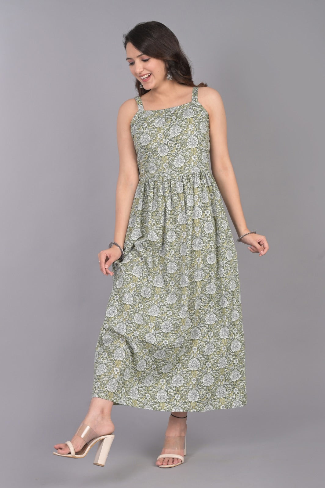 Green Cotton Printed Dress With Floral Motifs