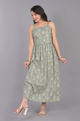 Green Cotton Printed Dress With Floral Motifs
