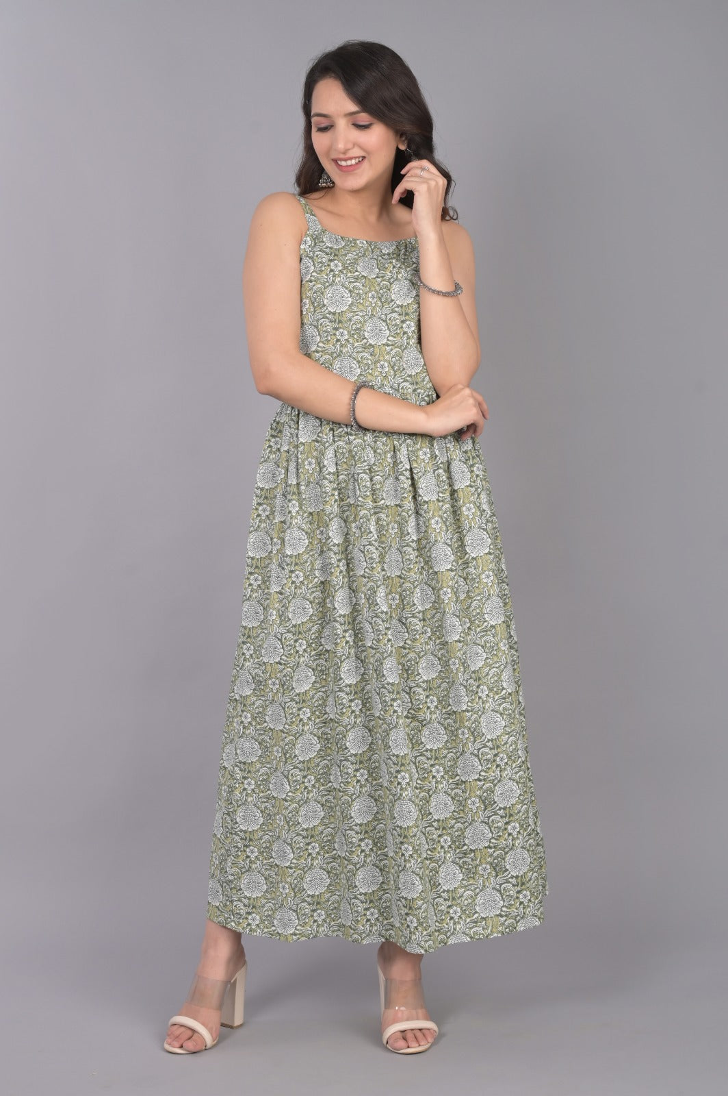 Green Cotton Printed Dress With Floral Motifs