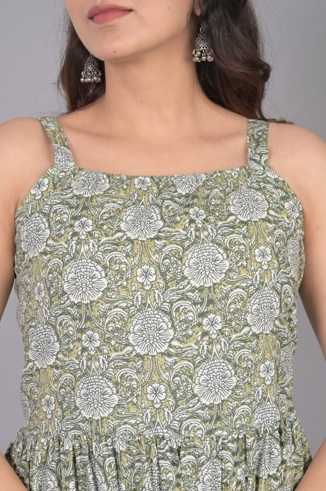 Green Cotton Printed Dress With Floral Motifs
