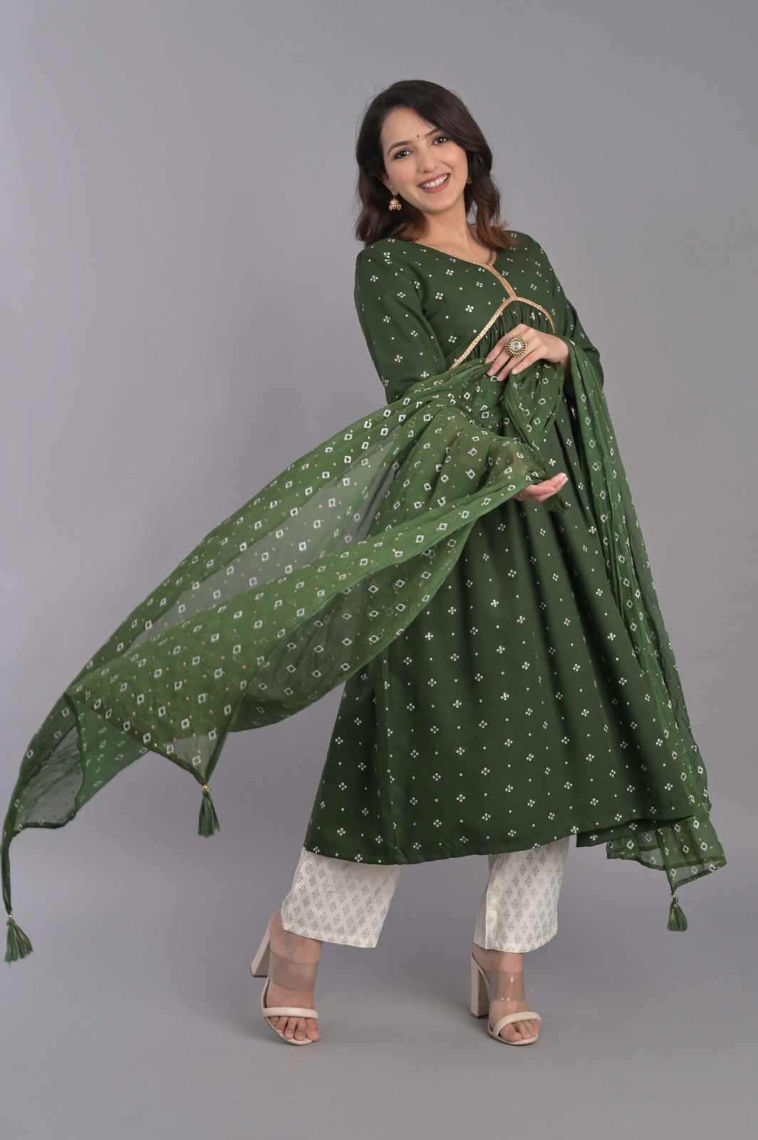 Green V-Neck Flared Kurta Set