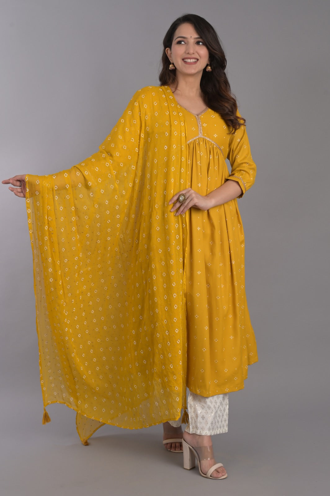 Yellow V-Neck Flared Kurta Set