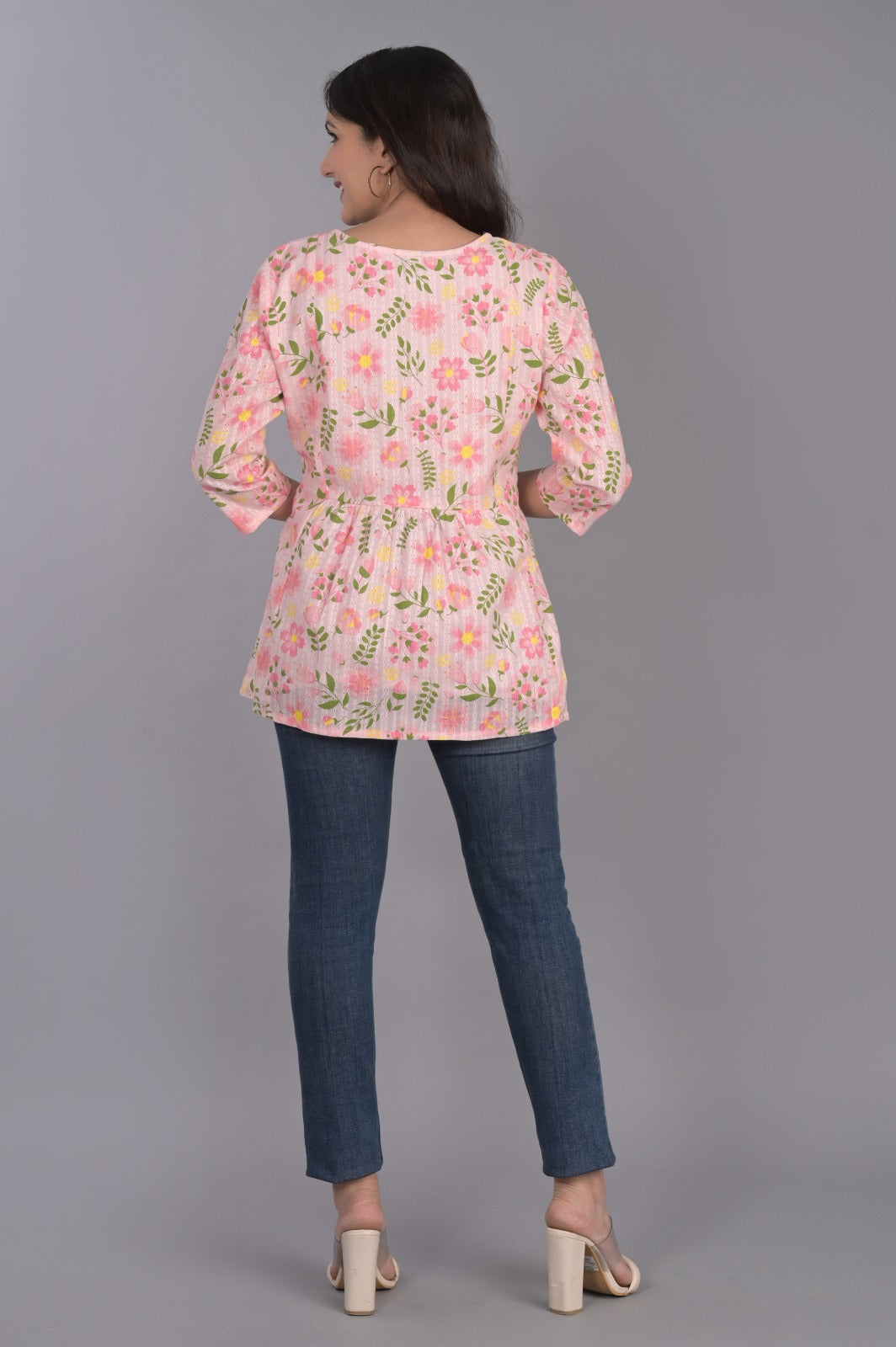 Self Design Pink Floral Top with Tassel