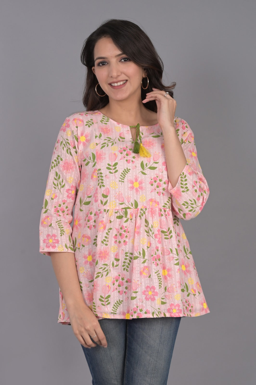 Self Design Pink Floral Top with Tassel
