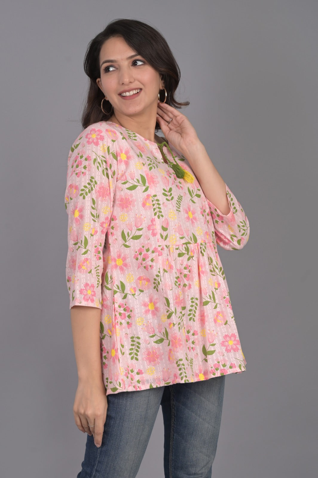 Self Design Pink Floral Top with Tassel
