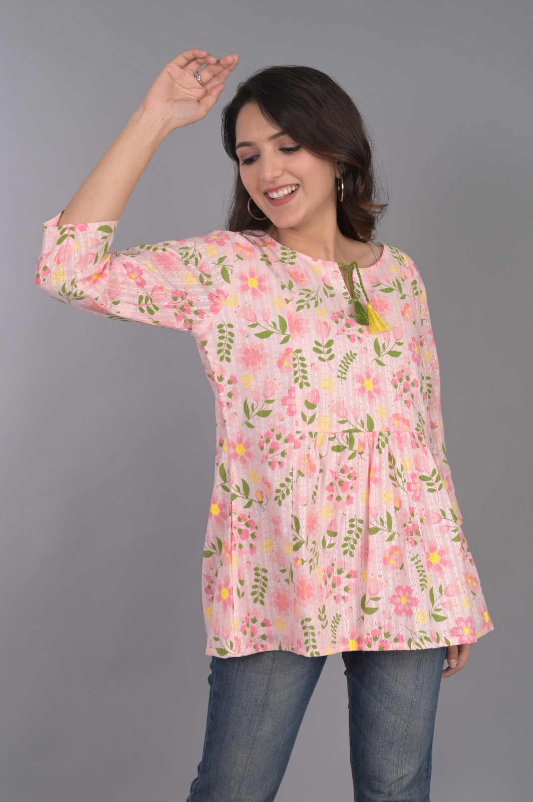 Self Design Pink Floral Top with Tassel