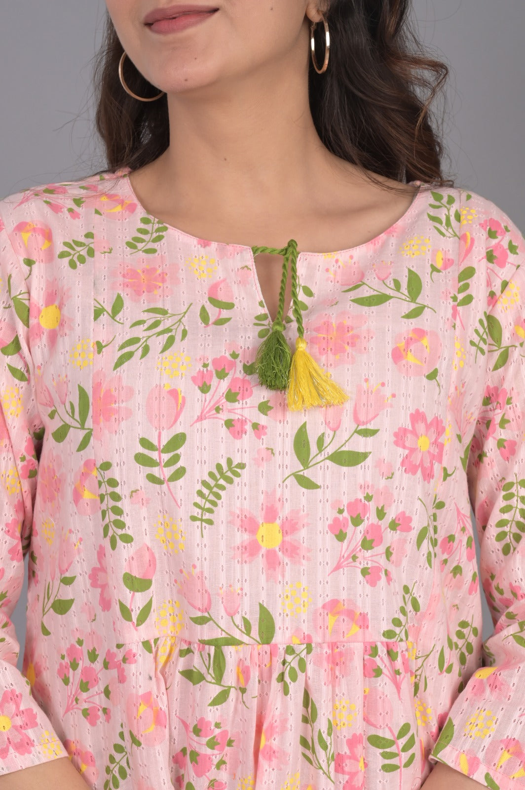 Self Design Pink Floral Top with Tassel