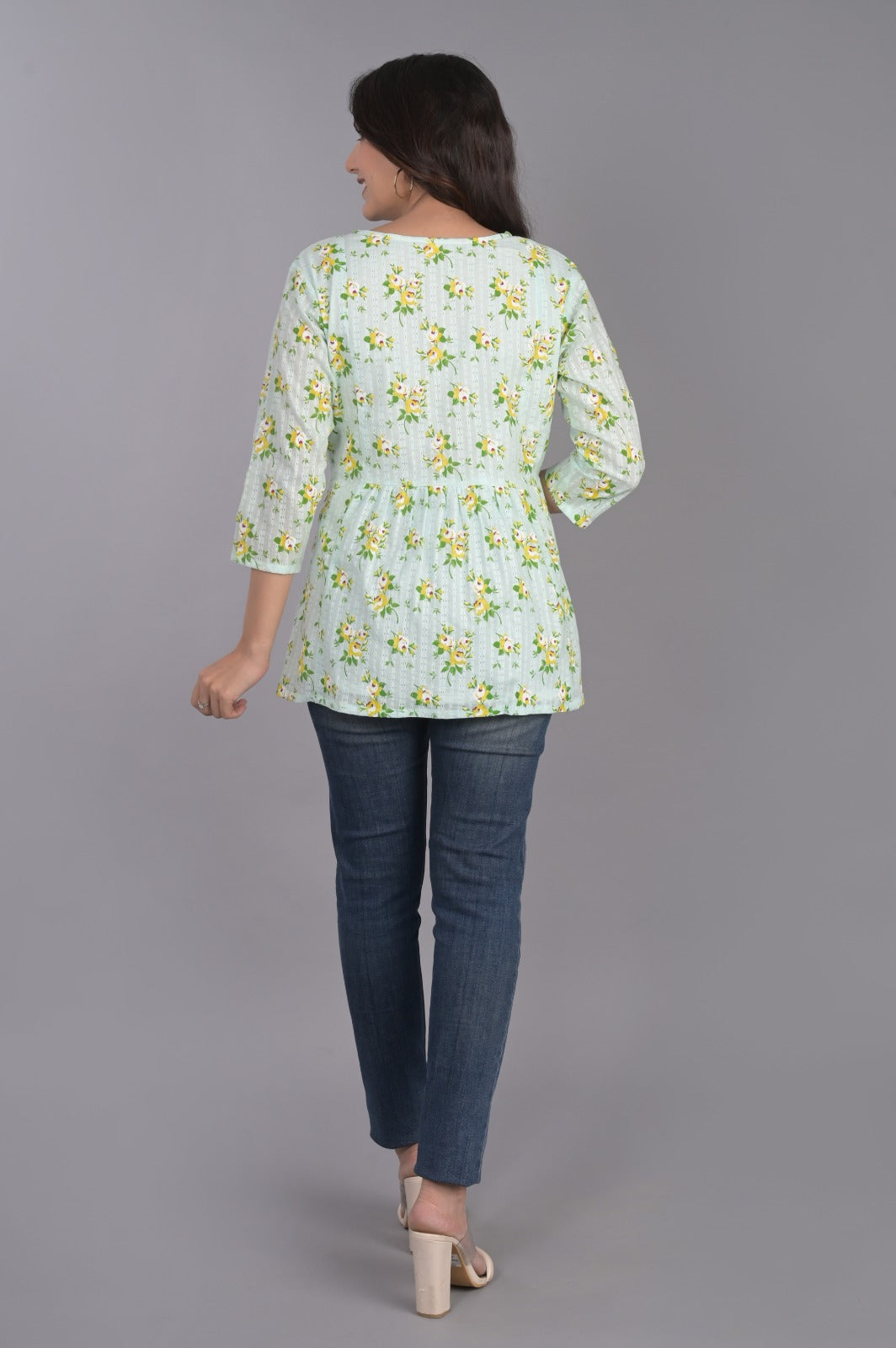 Self Design Blue Floral Top with Tassel