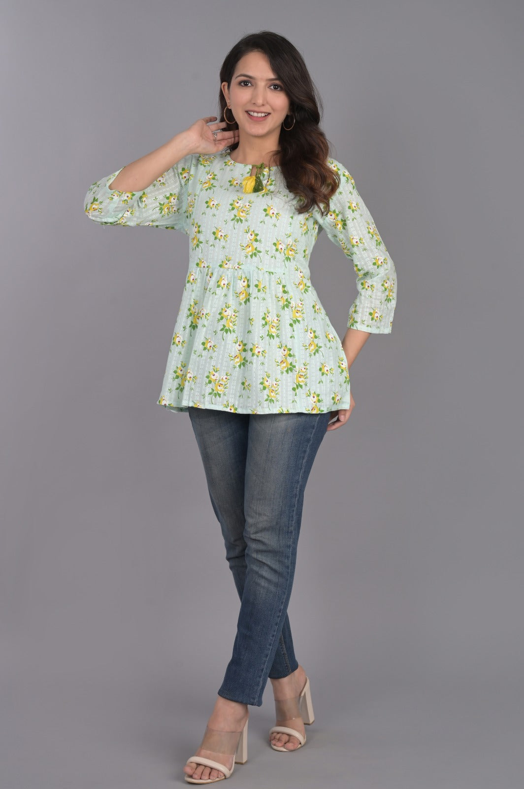 Self Design Blue Floral Top with Tassel