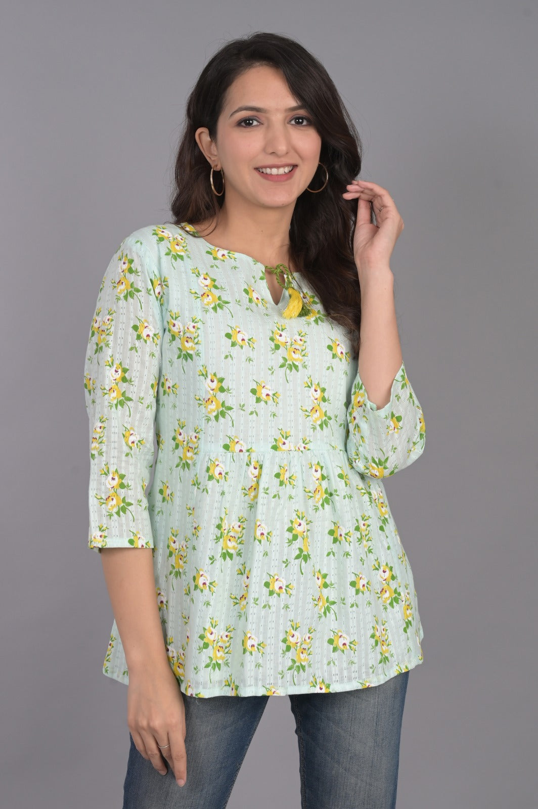 Self Design Blue Floral Top with Tassel