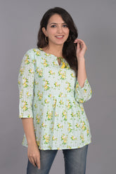 Self Design Blue Floral Top with Tassel