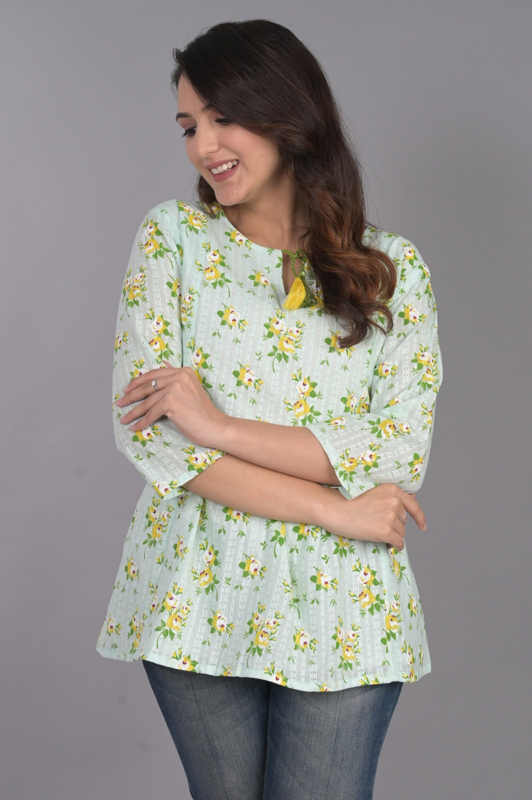 Self Design Blue Floral Top with Tassel