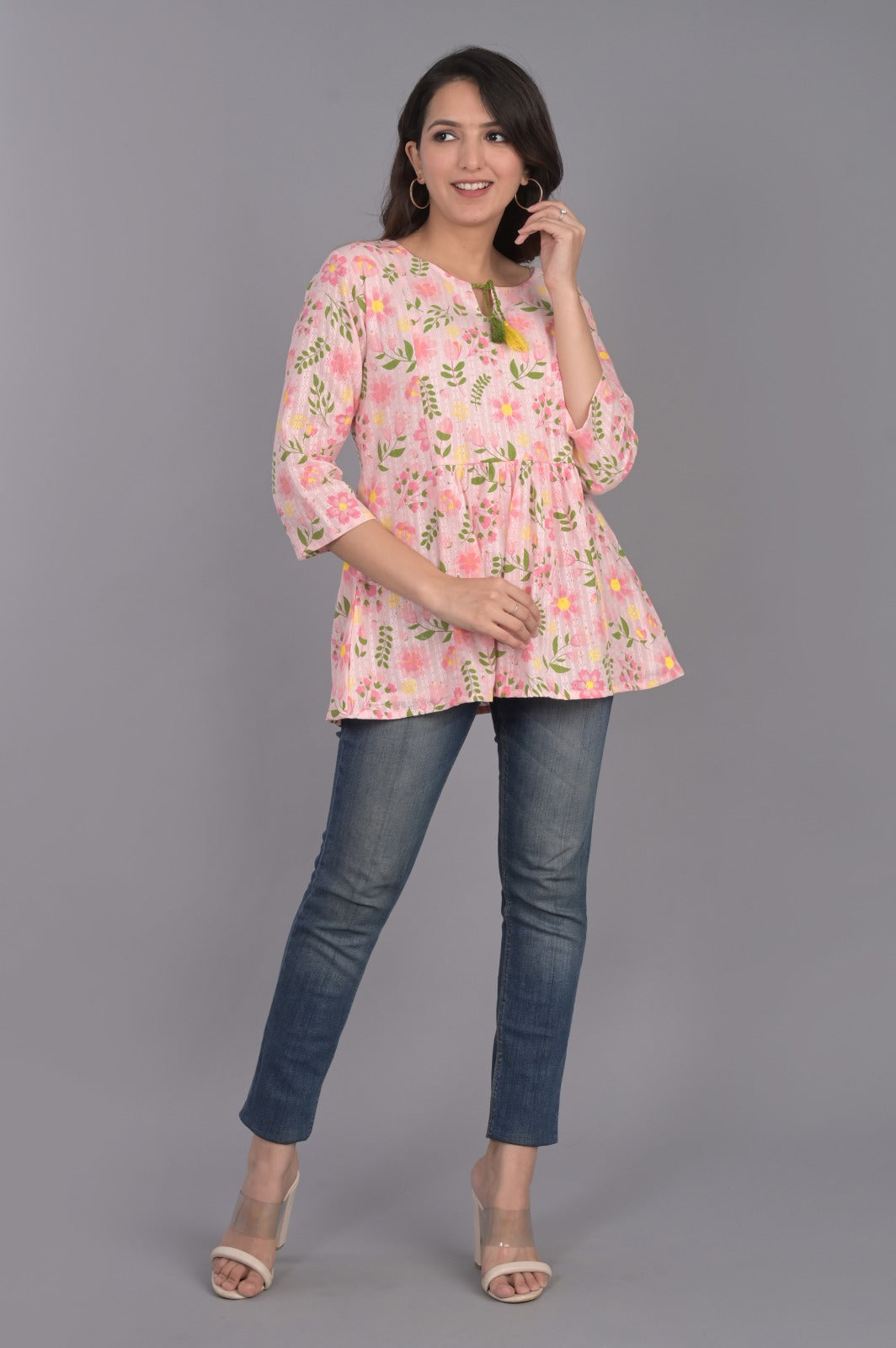 Self Design Pink Floral Top with Tassel