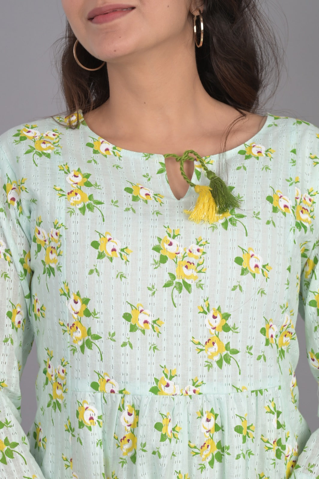 Self Design Blue Floral Top with Tassel