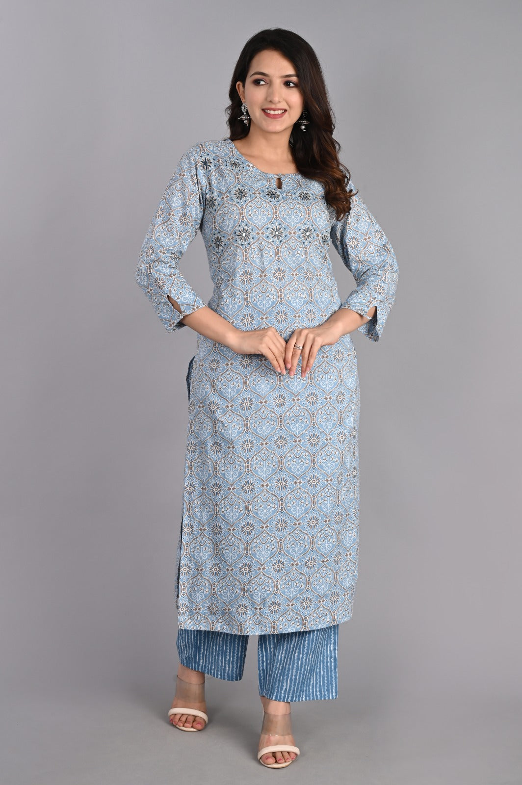 Floral Embroidered Blue Kurta Set with Dupatta