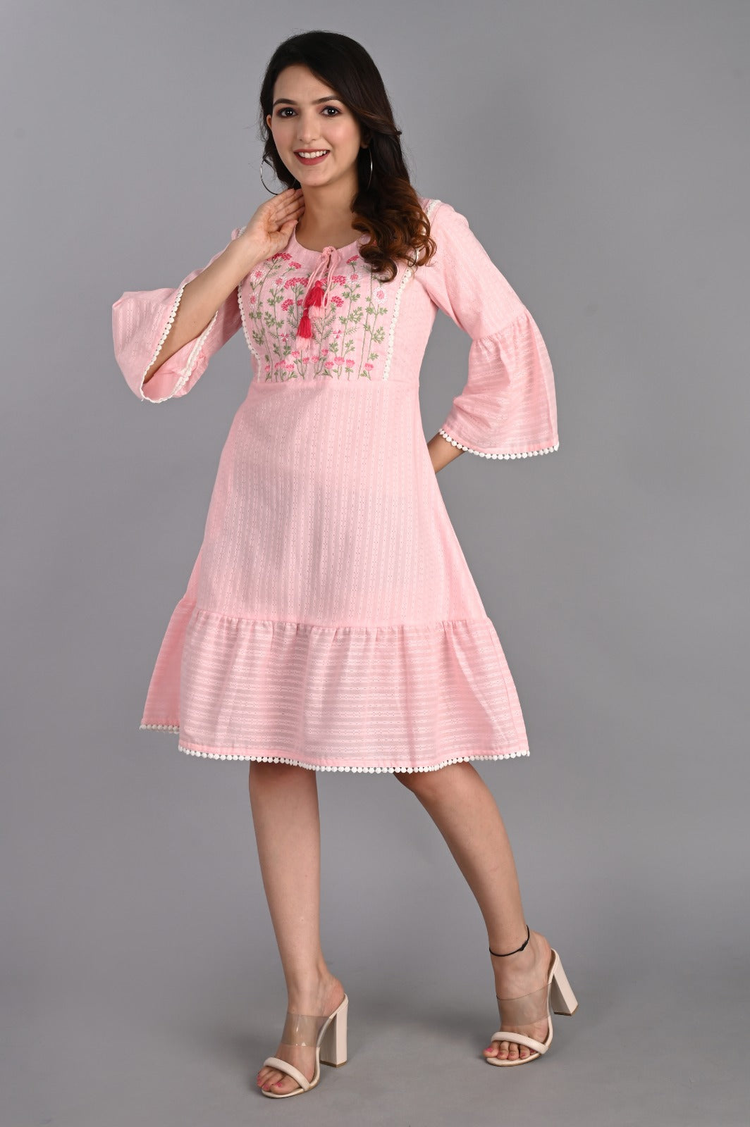 Pink Cotton Embroidered Dress
