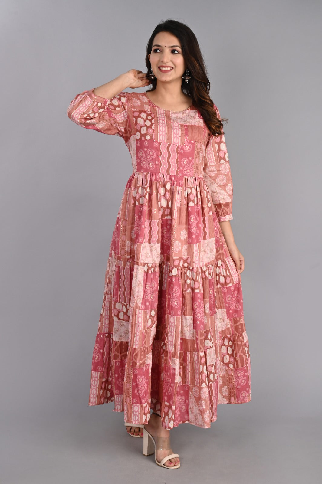 Abstract Print Pink Tiered Dress