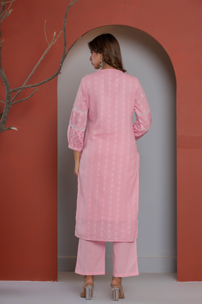 Pink cotton self textured kurta set