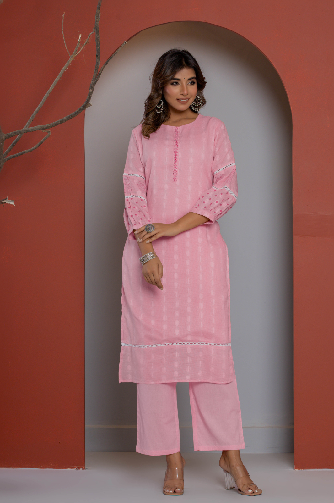 Pink cotton self textured kurta set