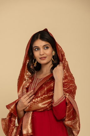 Solid red muslin kurta set with banarasi dupatta