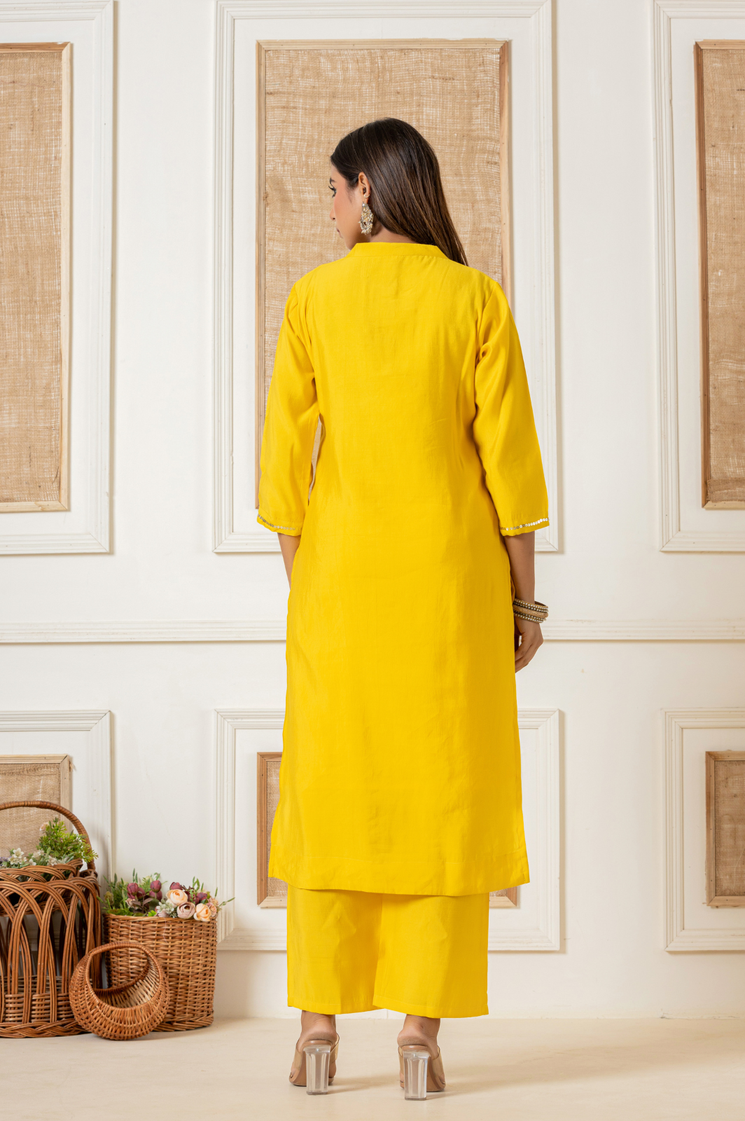 Muslin yellow kurta set with contrast bandhani dupatta