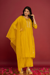 Muslin yellow kurta set with organza dupatta