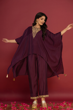 Purple asymmetric embroidered kaftan set