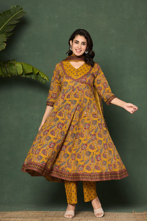Mustard cotton printed anarkali kurta set