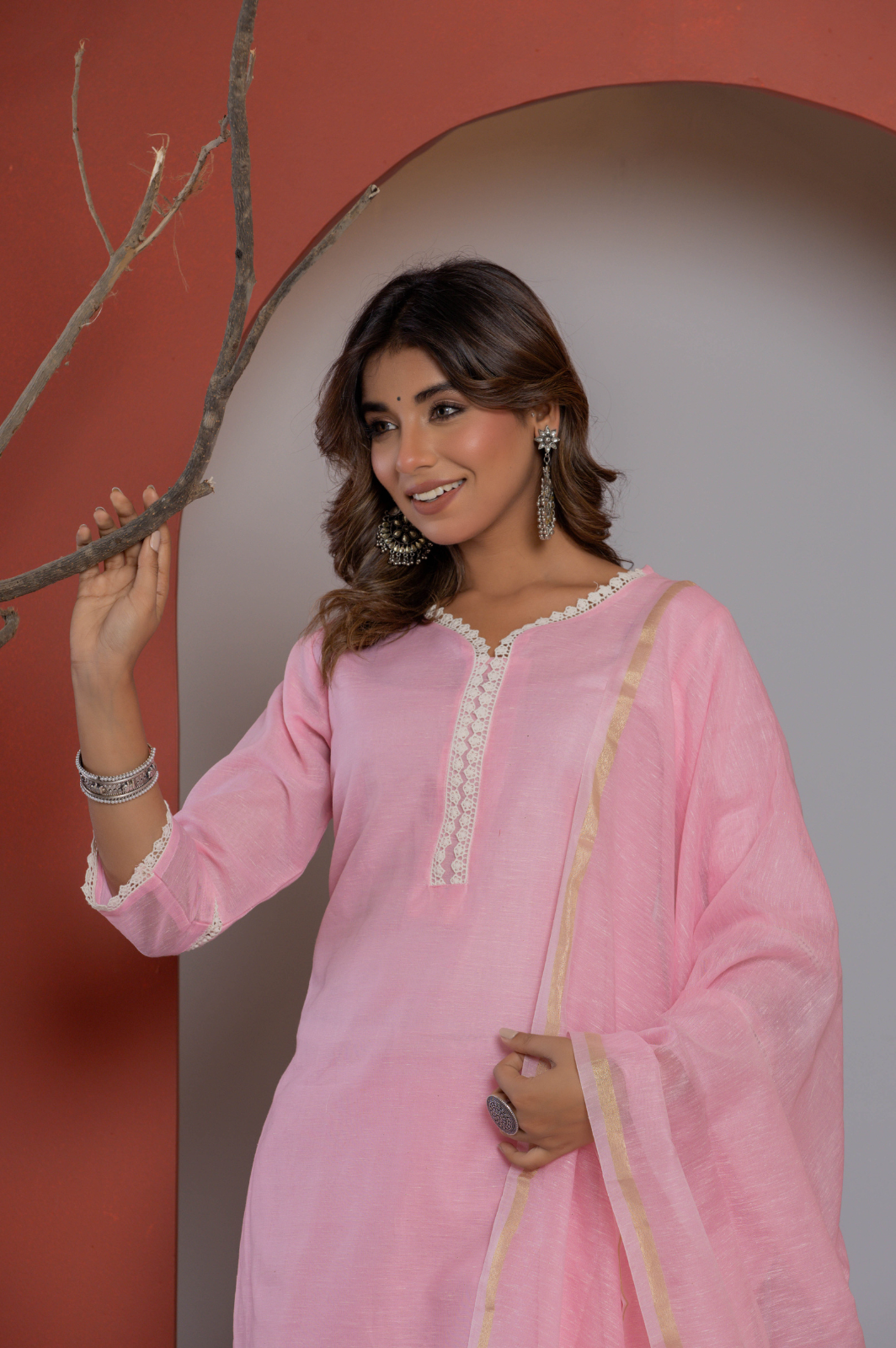 Cotton linen solid pink kurta set