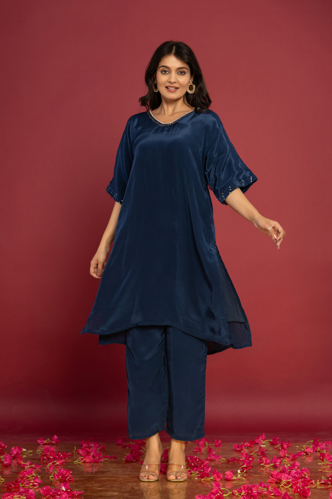 Solid navy blue crepe Kaftan set