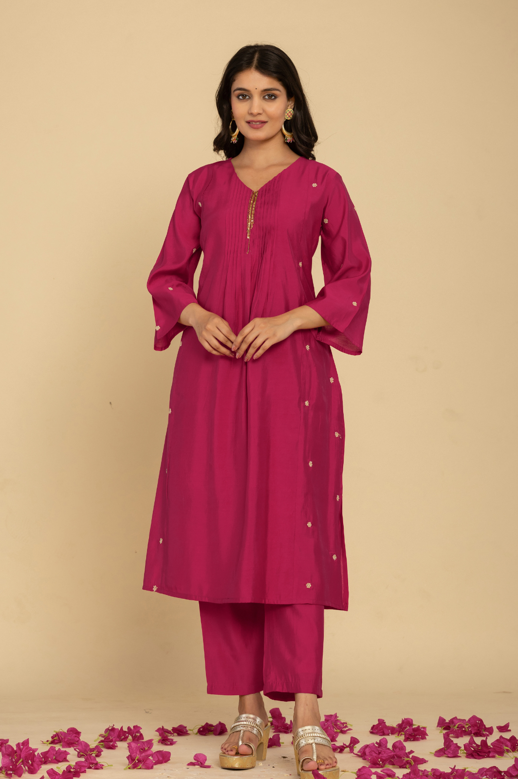 Muslin pleated embroidered pink kurta set with tisssue dupatta