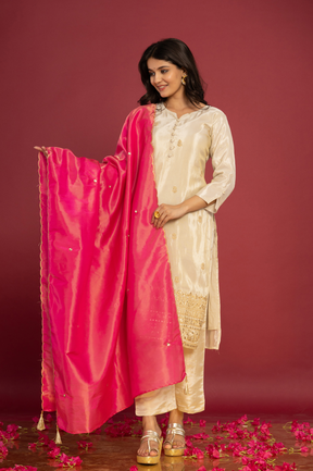 Shimmer white kurta set with pink dupatta