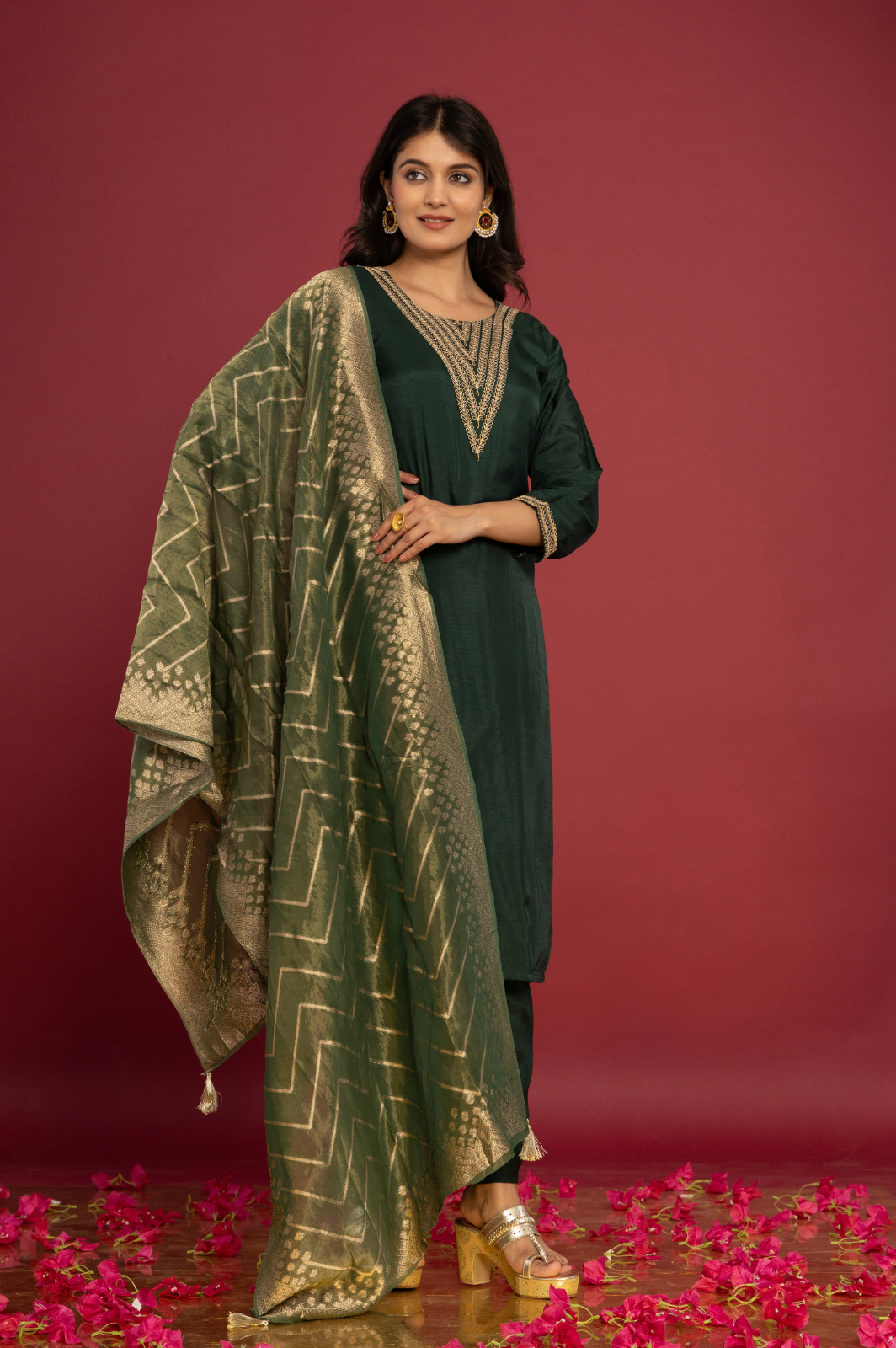 Solid green muslin kurta set with banarasi dupatta