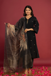 Muslin pleated embroidered black kurta set with tisssue dupatta