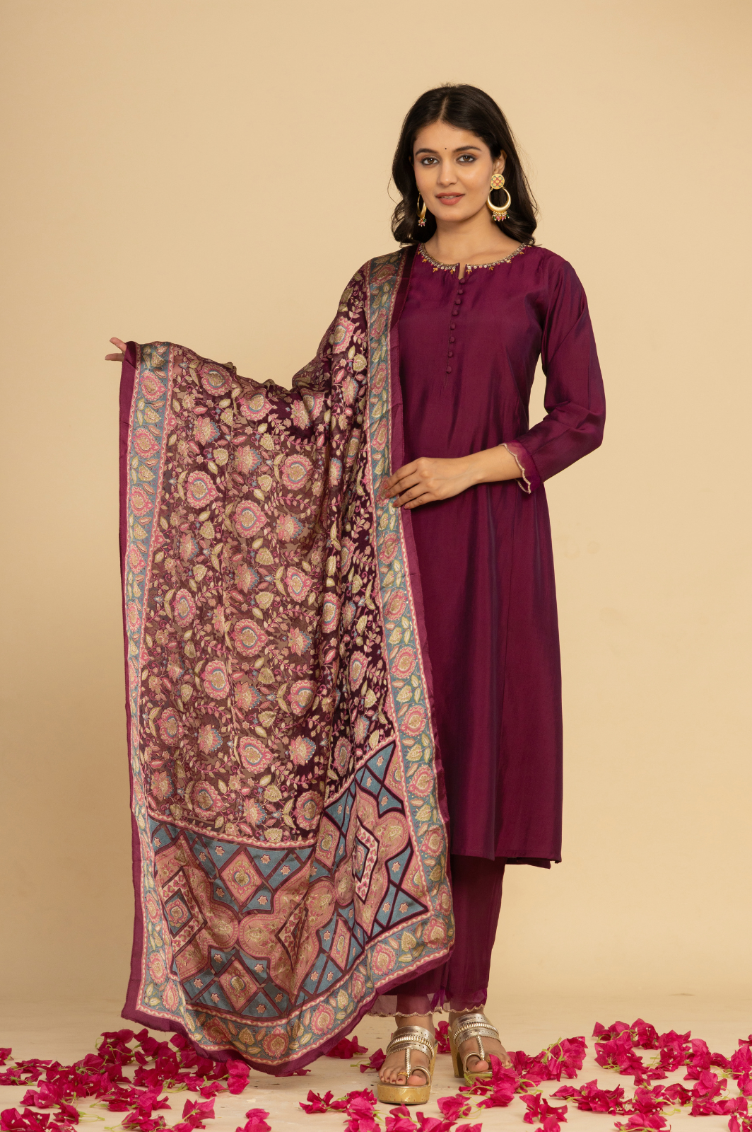 Solid purple A-line kurta set with brasso dupatta