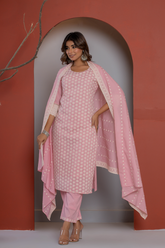 Self Embroidered pink cotton kurta set